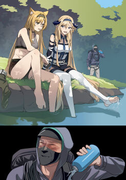 1boy 2girls animal_ears arknights backpack bag bare_shoulders barefoot black_choker black_hairband black_hoodie black_skirt blonde_hair blue_collar blue_eyes blue_hairband blue_necktie bottle breasts brown_shorts choker collar commentary_request crop_top doctor_(arknights) dragon_girl dragon_horns feet grass grey_pants grey_tank_top hairband highres hood hoodie horn_(arknights) horns knee_up large_breasts legs liang_chan_xing_make_tu looking_at_another male_doctor_(arknights) mask multiple_girls necktie open_mouth pants saileach_(arknights) shirt shorts skirt smile soaking_feet stirrup_legwear stomach tank_top thighhighs thighs toeless_legwear tree water water_bottle white_shirt white_thighhighs wolf_ears wolf_girl
