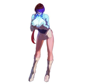 1girl boots breasts cleavage_cutout clothing_cutout dress electricity female_focus hand_up huge_breasts jacket large_breasts long_hair long_sleeves orochi_shermie red_hair shermie_(kof) skirt smile standing the_king_of_fighters thighs thunder wide_hips