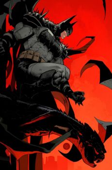 1boy absolute_batman absolute_dc batman batman_(series) batman_symbol belt belt_pouch black_bodysuit black_cape bodysuit boots building cape clenched_hands closed_mouth cowl dan_mora dc_comics from_below from_side gargoyle gloves grey_bodysuit hatching_(texture) high_contrast highres jaw knee_boots large_pectorals looking_down male_focus mask multicolored_bodysuit muscular muscular_male night official_art orange_sky outdoors pectorals pouch shoulder_spikes signature sky solo spiked_gloves spikes squatting superhero_costume two-tone_bodysuit underlighting utility_belt western_comics_(style) wide_shot