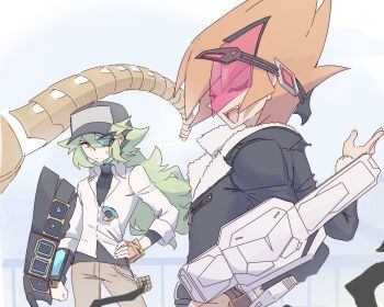 2boys annoyed baseball_cap battle black-framed_eyewear black_hat black_jacket black_shirt blue-tinted_eyewear bracelet brown_pants clenched_hand closed_eyes commentary crossover dress_shirt duel_disk english_commentary facing_another facing_to_the_side fur-trimmed_jacket fur_trim gloating gold_bracelet hair_slicked_back hand_in_pocket hand_on_own_hip hat jacket jewelry joints long_sidelocks looking_at_another low_ponytail male_focus multiple_boys n_(pokemon) nintendo nuumigranate open_mouth orange_hair outdoors outstretched_arm pants partially_unbuttoned pokemon pokemon_bw ponytail railing red-tinted_eyewear robot_joints scouter shirt shirt_under_shirt sidelocks sleeves_rolled_up spiked_hair squinting tinted_eyewear vector_(yu-gi-oh!) white_background white_shirt wind yu-gi-oh! yu-gi-oh!_zexal