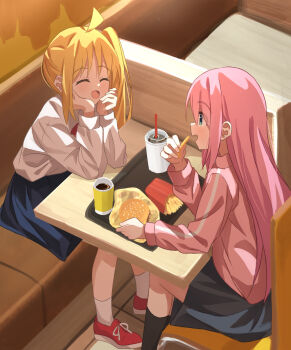 2girls absurdres ahoge blonde_hair blue_eyes blush bocchi_the_rock! bow burger chinosuke_(cs4126) chips_(food) closed_eyes commentary drink drinking_straw eating food gotoh_hitori highres ijichi_nijika jacket long_hair long_sleeves multiple_girls open_mouth pink_hair pink_jacket red_bow restaurant school_uniform shimokitazawa_high_school_uniform shirt side_ponytail skirt smile table