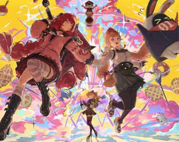 &gt;_&lt; 3girls absurdres alice_thymefield animal_ears asymmetrical_legwear bandana bandana_around_neck bangboo_(zenless_zone_zero) black_boots black_gloves black_jacket black_pantyhose black_skirt blonde_hair boots bow braid breasts burnice_white cardigan commentary_request crying crying_with_eyes_open eous_(zenless_zone_zero) explosion eyewear_on_head fingerless_gloves flamethrower gloves green_eyes grin hair_bow hair_ornament heterochromia high_heel_boots high_heels highres holding holding_flamethrower holding_umbrella holding_weapon jacket kamanosuke_(zenless_zone_zero) kneehighs large_breasts leather leather_jacket long_hair long_sleeves looking_at_another low_twintails multiple_girls one_eye_closed open_mouth orange_bandana pantyhose paserin_ekaku pink_cardigan pleated_skirt rabbit_ears rabbit_girl rapier red-tinted_eyewear red_eyes red_hair shirt short_twintails skirt smile socks sphere_hair_ornament striped_clothes striped_socks striped_thighhighs sword tanuki tearing_up tears teeth thigh_boots thigh_strap thighhighs tinted_eyewear twin_braids twintails ukinami_yuzuha umbrella uneven_legwear weapon white_bow white_shirt yellow_eyes zenless_zone_zero