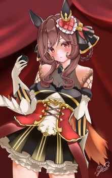 1girl animal_ears bare_shoulders braid braided_hair_rings breasts brown_hair cleavage commentary_request cowboy_shot detached_sleeves ear_covers gentildonna_(regina_dei_fiori)_(umamusume) gentildonna_(umamusume) gloves hair_rings highres horse_ears horse_girl long_hair looking_at_viewer metal_ball miki_lutecia red_eyes see-through_cleavage see-through_clothes solo umamusume white_gloves