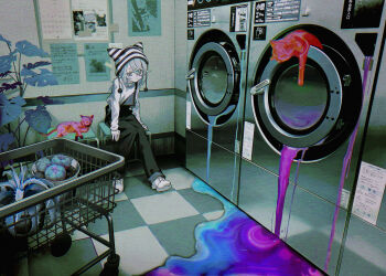 1girl absurdres animal_hat black_pants cat checkered_floor closed_mouth commentary english_commentary from_side hair_between_eyes hand_rest happa_de_happy hat highres indoors liquid long_sleeves looking_at_viewer medium_hair original pants plant plant_request pom_pom_(clothes) shirt shoes sitting sneakers solo suspenders turtleneck washing_machine white_footwear white_hair white_shirt white_shoes wide_shot