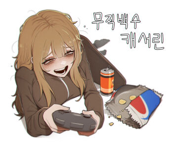 Rule 34 | 1girl, bag of chips, bags under eyes, blush, brown jacket, brown pants, can, catherine (project moon), commentary request, controller, game controller, highres, jacket, korean commentary, korean text, limbus company, messy hair, misg1111, mojyo, open mouth, pants, project moon, smile, solo, track suit, translation request
