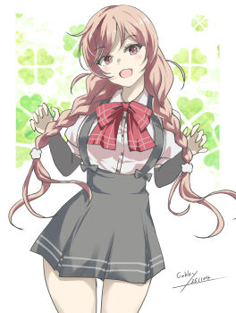 1girl arm_warmers artist_name blush bow bowtie braid breasts brown_eyes brown_hair cloud_hair_ornament clover_background cowboy_shot dated gakky grey_skirt highres kantai_collection long_hair looking_at_viewer low_twin_braids medium_breasts minegumo_(kancolle) one-hour_drawing_challenge open_mouth plaid_bow plaid_bowtie plaid_clothes pleated_skirt red_bow red_bowtie red_eyes shirt skirt solo suspender_skirt suspenders twin_braids white_background white_shirt
