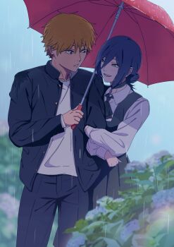 1boy 1girl absurdres ascot black_ascot black_jacket black_pants blonde_hair blue_flower blue_hair chainsaw_man collared_shirt couple cowboy_shot denji_(chainsaw_man) dress flower gakuran green_eyes grey_dress hair_between_eyes hair_bun hetero highres holding holding_another&#039;s_arm holding_umbrella jacket kino_(kino_ask) looking_at_another medium_hair pants parted_lips rain red_eyes reze_(chainsaw_man) school_uniform shirt short_hair smile umbrella white_shirt