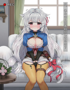 1girl absurdres black_gloves blue_shrug breasts cleavage commentary_request couch curtains feet_out_of_frame flower fuyuka_(stella_sora) gloves hair_flaps hair_flower hair_ornament highres indoors knees_together_feet_apart large_breasts leotard long_hair looking_at_viewer nervous nervous_sweating on_couch recording red_eyes shi3yin1 shrug_(clothing) sitting snowflake_brooch solo stella_sora sweat tearing_up thigh_strap translation_request trembling very_long_hair white_hair white_leotard window yellow_leggings