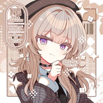 Rule 34 | 1girl, black choker, black necktie, blush, brown hair, brown hat, brown jacket, choker, closed mouth, commentary, commission, hand up, hat, highres, jacket, long hair, long sleeves, looking at viewer, multicolored hair, necktie, original, portrait, purple eyes, shirocha tei, skeb commission, smile, solo, two-tone hair, watermark