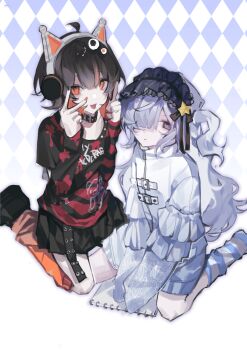 Rule 34 | 2girls, absurdres, alternate costume, animal ears, argyle background, black collar, black hair, black shoes, black skirt, closed mouth, collar, fake animal ears, full body, hair over one eye, hairband, headphones, highres, jacket, leg warmers, lolita hairband, long hair, long sleeves, looking at viewer, mahou shoujo no majo saiban, multicolored hair, multiple girls, natsume an-an, open mouth, orange eyes, red sweater, saitensei, sawatari coco, shoes, sitting, skirt, sleeves past fingers, sleeves past wrists, smile, star (symbol), streaked hair, striped clothes, striped sweater, sweater, v, white hair, white jacket