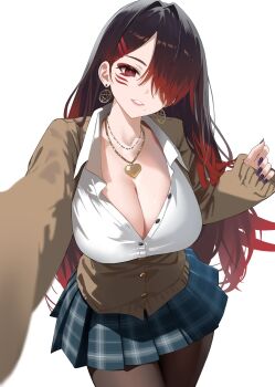 1girl black_hair black_pantyhose blue_skirt breasts brown_cardigan cardigan cleavage collarbone collared_shirt commentary diamond-shaped_pupils diamond_(shape) earrings facial_mark fingernails gradient_hair gyaru hair_between_eyes hair_intakes hair_ornament hair_over_one_eye hairclip hands_up head_tilt heart heart_necklace hieda_no_aya_(vtuber) highres indie_virtual_youtuber jewelry large_breasts long_fingernails long_hair long_sleeves looking_at_viewer miniskirt mole mole_under_mouth multicolored_hair nail_polish necklace outstretched_arm pantyhose parallel_hairclips parted_lips partially_open_shirt partially_unbuttoned pink_lips plaid_clothes plaid_skirt purple_nails purple_pupils red_eyes red_hair school_uniform shirt sidelocks simple_background skirt sleeves_past_wrists smile solo star_(symbol) star_earrings symbol-shaped_pupils thighs very_long_hair virtual_youtuber white_background white_shirt yumeto_(ym-1)