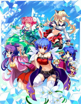 10s 3boys 5girls animal_ears armcho bare_shoulders black_legwear blonde_hair blue_hair buffalo_(trickster) bunny_(trickster) cat_(trickster) cat_ears closed_eyes collar cutoffs dragon_(trickster) dress everyone flower fox_(trickster) fox_ears glasses head_wings horns kneeling lion_(trickster) lion_ears long_hair microphone midriff multiple_boys multiple_girls pink_hair purple_eyes purple_hair rabbit_ears raccoon_(trickster) raccoon_ears red_eyes sheep_(trickster) sheep_ears short_hair shorts skirt sky thighhighs trickster_(ntreev_soft) white_legwear wings