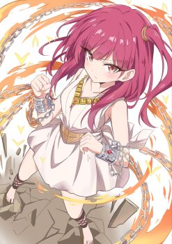 1girl akure1129 barefoot belt blush chain collarbone commentary_request cuffs fire from_above gem gold_belt gold_necklace ground_shatter hairband high_side_ponytail highres jewelry looking_at_viewer magi_the_labyrinth_of_magic morgiana necklace red_eyes red_gemstone red_hair shackles side_ponytail solo tunic white_background