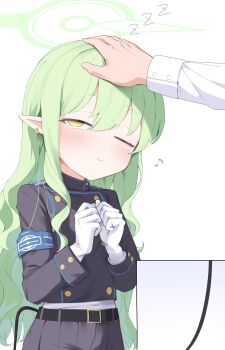 1boy 1girl absurdres armband belt blue_archive blue_armband buttons closed_mouth commentary_request demon_tail double-breasted feigning_sleep gloves green_hair green_halo half-closed_eye halo hand_on_another&#039;s_head headpat highres hikari_(blue_archive) long_hair long_sleeves musical_note one_eye_closed own_hands_together pita_goral pointy_ears sensei_(blue_archive) simple_background smile solo_focus tail upper_body variant_set white_background white_gloves yellow_eyes zzz