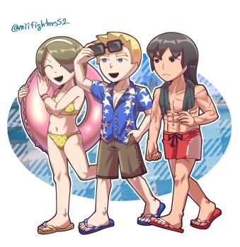 1girl 2boys :d abs adjusting_eyewear bikini black_eyes black_hair blonde_hair blue_eyes blue_shirt breasts brown_hair brown_pants brown_shorts buttons cleavage closed_eyes closed_mouth collared_shirt expressionless eyewear_on_head flip-flops full_body green_hair hair_over_one_eye hairband hand_in_pocket hawaiian_shirt highres holding holding_swim_ring innertube long_hair male_swimwear medium_breasts mii_(nintendo) mii_brawler mii_brawler_(smash_ultimate) mii_gunner mii_gunner_(smash_ultimate) mii_swordfighter mii_swordfighter_(smash_ultimate) miifighterss2 multiple_boys muscular muscular_male navel nintendo open_mouth pants pectorals polka_dot print_bikini sandals scar scar_on_arm scar_on_chest shirt short_hair short_sleeves shorts smile standing star_(symbol) star_print sunglasses super_smash_bros. swim_ring swim_trunks swimsuit toned toned_male topless_male towel towel_around_neck twitter_username walking white_hairband wristband yellow_bikini