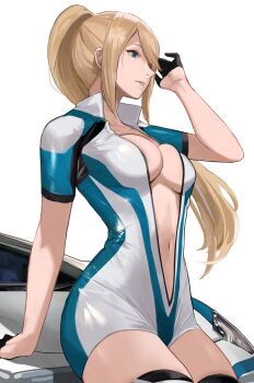 1girl alternate_costume black_gloves blonde_hair blue_eyes breasts car eyebrows_hidden_by_hair floating_hair from_side gloves highres j@ck large_breasts long_hair metroid motor_vehicle nintendo no_bra on_car parted_lips ponytail race_queen samus_aran simple_background solo thighhighs white_background