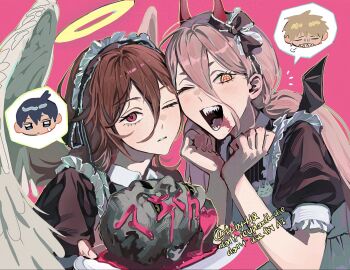 1girl 3boys :d angel_devil_(chainsaw_man) angel_wings blood blood_from_mouth chainsaw_man crossdressing crossdressing_(mtf) denji_(chainsaw_man) expressionless hair_between_eyes halo hayakawa_aki highres horns kuby_hq long_hair looking_at_viewer maid maid_headdress male_maid multiple_boys one_eye_closed open_mouth pink_background pink_hair power_(chainsaw_man) puffy_short_sleeves puffy_sleeves red_eyes red_hair sharp_teeth short_sleeves simple_background smile speech_bubble teeth traditional_halo trap wings yellow_eyes