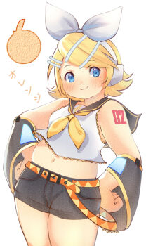 Rule 34 | 1girl, absurdres, bare shoulders, belt, black sailor collar, black shorts, black sleeves, blonde hair, blue eyes, blush, bow, breasts, canvas texture, closed mouth, commentary, cowboy shot, cropped shirt, detached sleeves, dot nose, english commentary, food print, frilled shirt, frills, fruit print, hair bow, hair ornament, hairband, hairpin, hands on own hips, headphones, highres, kagamine rin, looking to the side, midriff, multiple hairpins, navel, neckerchief, orange print, plump, sailor collar, shirt, short hair, shorts, simple background, skindentation, sleeveless, sleeveless shirt, small breasts, smile, solo, translated, vocaloid, white background, white bow, white hairband, white shirt, xixiriima, yellow belt, yellow neckerchief