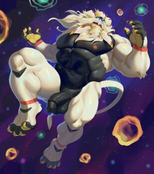 1boy abs absurdres adiosarts bara claws commentary completely_nude english_commentary fangs flaccid furrification furry furry_male gen_7_pokemon highres legendary_pokemon lion_mane looking_to_the_side male_focus muscular muscular_male navel nintendo nipples nude open_mouth pawpads pectorals penis pokemon pokemon_(creature) solgaleo testicles