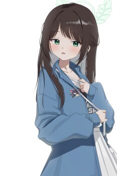 1girl absurdres airi_(band)_(blue_archive) airi_(blue_archive) black_hair blue_archive blush d_(delt4) green_eyes green_halo halo highres long_hair long_sleeves looking_at_viewer open_clothes open_mouth simple_background solo upper_body white_background