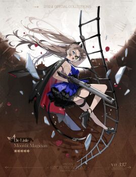 1girl 2024 belt black_belt black_boots black_gloves black_jacket black_necktie blue_dress blue_eyes bolt_action boots breasts broken_glass broken_mask brooch brown_hair chain character_name commentary copyright_name de_lisle_(girls&#039;_frontline) de_lisle_(moonlit_magician)_(girls&#039;_frontline) de_lisle_carbine domino_mask dress earbuds earphones english_commentary eye_mask floating_hair full_body girls&#039;_frontline glass gloves green_eyes gun heterochromia high_heel_boots high_heels highres holding holding_gun holding_weapon horns jacket jacket_on_shoulders jewelry long_hair looking_at_viewer mask medium_breasts multicolored_hair necktie no_socks official_alternate_costume official_art on_ladder open_mouth promotional_art red_jacket rifle rope_ladder second-party_source sideboob sleeveless sleeveless_dress solo star_(symbol) streaked_hair suppressor teeth thigh_strap torn_clothes trigger_discipline two-sided_fabric two-sided_jacket unagi_(nakaelric) very_long_hair weapon white_hair
