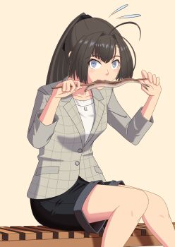 1girl ahoge akizuki_(kancolle) akizuki_(saury_festival)_(kancolle) black_hair black_shorts brown_background commentary_request fish fish_(food) food food_in_mouth grey_eyes grey_jacket grilled_fish highres holding holding_food jacket kantai_collection kuroinu1997 looking_at_viewer official_alternate_costume partial_commentary plaid_clothes plaid_jacket ponytail saury shirt shorts simple_background sitting white_shirt