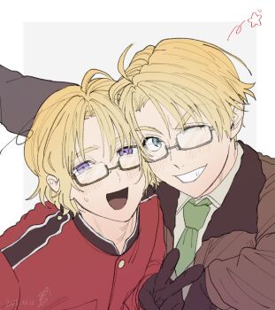 Rule 34 | 2boys, ahoge, america (hetalia), arm up, axis powers hetalia, blonde hair, blue eyes, blush, border, breast pocket, brothers, brown-framed eyewear, brown gloves, brown jacket, buttons, canada (hetalia), collared jacket, collared shirt, commentary, dated, fur-trimmed jacket, fur trim, glasses, gloves, green necktie, grey-framed eyewear, grey background, hair between eyes, hand up, jacket, long sleeves, looking at viewer, male focus, mandarin collar, military, military jacket, military uniform, momoka (abc momoka0718), multiple boys, necktie, one eye closed, open mouth, outside border, pocket, puffy long sleeves, puffy sleeves, purple eyes, red jacket, semi-rimless eyewear, shirt, short hair, siblings, signature, simple background, smile, star (symbol), sweatdrop, teeth, tongue, untranslatable commentary, upper body, v, v-shaped eyebrows, white border, white shirt, wing collar