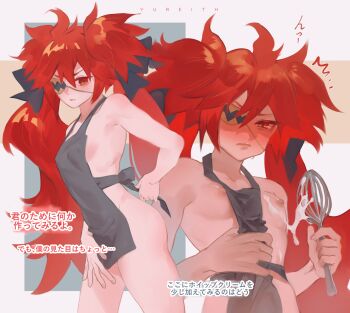 1girl bare_shoulders blush breasts commentary_request eyepatch hair_between_eyes hair_ornament highres holding koleda_belobog long_hair looking_at_viewer red_eyes red_hair solo sphere_hair_ornament twintails yureith zenless_zone_zero