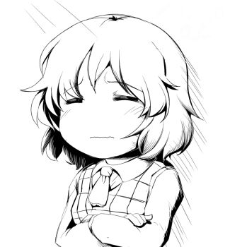 Rule 34 | 1girl, = =, ascot, blush, closed eyes, closed mouth, collared shirt, commentary request, crossed arms, gingham vest (clothing), greyscale, kazami yuuka, long sleeves, monochrome, sadahiro (chicken nugget gyuuniku aji), shirt, short hair, sketch, solo, touhou, upper body, vest