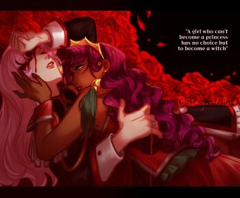 Rule 34 | 2girls, absurdres, black jacket, blood, blood on face, commentary, dark-skinned female, dark skin, dress, english commentary, english text, flower, green eyes, highres, himemiya anthy, jacket, jewelry, letterboxed, long hair, multiple girls, pink hair, purple hair, red dress, red flower, red rose, ring, rose, shoujo kakumei utena, signature, stargazed arrie, tears, tenjou utena, wavy hair