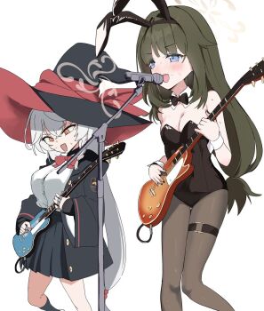 2girls :d absurdly_long_hair animal_ear_hairband animal_ears bare_shoulders black_hat black_jacket black_leotard black_pantyhose black_skirt blue_archive blue_eyes blunt_bangs blush bow bowtie braid breasts brown_halo buttons cleavage collared_shirt commentary_request cosplay crossed_bangs detached_collar dress_shirt eri_(blue_archive) fake_animal_ears feet_out_of_frame green_hair grey_hair guitar hair_between_eyes hair_bobbles hair_intakes hair_ornament hairband halo hands_up hat hat_ribbon highres holding holding_guitar holding_instrument holding_plectrum instrument jacket jewelry large_breasts leotard long_hair long_sleeves looking_ahead looking_down low-tied_long_hair low_ponytail microphone microphone_stand miniskirt mochini multiple_girls multiple_rings music nose_blush open_clothes open_jacket open_mouth orange_eyes pantyhose parody playboy_bunny playing_guitar playing_instrument pleated_skirt plectrum ponytail rabbit_ears red_bow red_bowtie red_ribbon ribbon ring school_uniform shirt sidelocks simple_background singing single_braid skirt small_breasts smile standing strapless strapless_leotard suzumiya_haruhi suzumiya_haruhi_(cosplay) suzumiya_haruhi_no_yuuutsu sweat sweatdrop thigh_gap thigh_strap tsumugi_(blue_archive) v-shaped_eyebrows very_long_hair white_background white_shirt white_wrist_cuffs wide_sleeves witch_hat wrist_cuffs