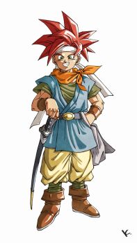 1boy baggy_pants belt black_belt blue_tunic boots bracer brown_boots chrono_trigger crono_(chrono_trigger) full_body green_eyes green_shirt green_socks grin highres kakeru_(dbskakeru) pants red_hair shirt simple_background smile socks solo spiked_hair sword toriyama_akira_(style) tunic weapon white_background yellow_pants
