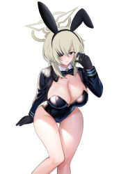 Rule 34 | 1girl, animal ears, black bow, black bowtie, black gloves, black hairband, black leotard, blonde hair, blue archive, bow, bowtie, breasts, brown halo, covered navel, eyepatch, fake animal ears, gloves, green eyes, hairband, halo, highleg, highleg leotard, highres, kanoson, large breasts, leotard, looking at viewer, medium hair, playboy bunny, rabbit ears, shrug (clothing), simple background, strapless, strapless leotard, suou (blue archive), white background