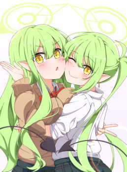 2girls :o ;) absurdres alternate_costume blue_archive bow bowtie breast_press brown_cardigan cardigan casual collared_shirt commentary cowboy_shot demon_girl demon_tail eyes_visible_through_hair green_hair green_halo green_skirt hair_between_eyes halo hand_up happy highres hikari_(blue_archive) hug kame_(nokonoko10271) lens_flare long_hair looking_at_viewer making_faces multiple_girls no_headwear nozomi_(blue_archive) one_eye_closed open_hand open_mouth plaid_clothes plaid_skirt pointy_ears red_bow red_bowtie school_uniform shirt siblings simple_background sisters skirt smile tail twins twintails v v-shaped_eyebrows very_long_hair white_background white_shirt yellow_eyes