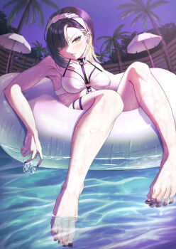 1girl barefoot bikini black_hair black_nails blonde_hair breasts commentary_request cup drink drinking_glass feet fingernails hairband holding holding_drink idolmaster idolmaster_shiny_colors ikaruga_luca innertube long_fingernails misanga_(hxjd5354) nail_polish night official_alternate_hairstyle on_innertube outdoors pool solo swim_ring swimsuit toenail_polish toenails toes water wet white_bikini yellow_eyes