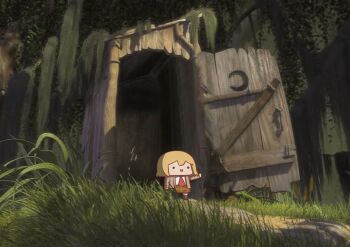 ._. 1girl :d absurdres blonde_hair brown_jacket brown_skirt chibi commentary forest grass grey_socks highres hololive hololive_english jacket nature necktie open_door open_mouth opening_door outdoors outhouse outstretched_arms parody phdpigeon plaid_clothes plaid_skirt red_necktie scene_reference shirt shrek_(series) shrek_1 skirt smile smol_ame socks solo standing tree virtual_youtuber watson_amelia white_shirt