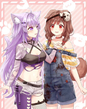 2girls animal_ear_fluff animal_ear_legwear animal_ears black_shirt braid breasts brown_eyes brown_hair cat_ear_legwear cat_ears cat_girl cat_tail cleavage commentary_request dog_ears dog_girl dog_tail fishnet_thighhighs fishnets grey_shorts highres hololive inugami_korone inugami_korone_(9th_costume) kazuna_(minekazuna) long_hair looking_at_viewer medium_breasts medium_hair multiple_girls nekomata_okayu nekomata_okayu_(gyaru) official_alternate_costume official_alternate_hair_length official_alternate_hairstyle pantyhose purple_eyes purple_hair purple_pantyhose shirt shorts single_leg_pantyhose smile tail thighhighs twin_braids very_long_hair virtual_youtuber
