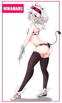 1girl ass borrowed_character character_name english_text full_body highres micro_shorts niwamaru_(niwarhythm) original red_eyes shorts solo thighhighs white_hair