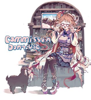 1girl :d ^_^ animal animal_ears arknights black_pantyhose black_skirt black_thighhighs book book_stack breasts brown_hair closed_eyes collared_shirt commentary_request commission english_text eyjafjalla_(arknights) facing_viewer glasses highres horns jacket jacket_on_shoulders layered_skirt littlefishtold long_hair long_sleeves medium_breasts open_mouth pantyhose picture_frame platform_shoes pleated_skirt puffy_long_sleeves puffy_sleeves purple_shirt red-framed_eyewear semi-rimless_eyewear shadow sheep sheep_ears sheep_girl sheep_horns shirt shoes side_ponytail simple_background single_leg_pantyhose single_thighhigh sitting skirt sleeves_past_wrists smile solo thighhighs torn_clothes torn_jacket under-rim_eyewear very_long_hair white_background white_jacket white_shoes