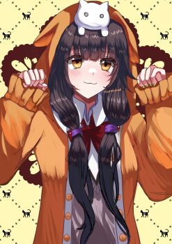 1girl absurdres artist_name asakura_karen_(heaven_burns_red) black_hair blue_sealad bow bowtie commentary english_commentary heaven_burns_red highres hood hooded_jacket jacket looking_at_viewer low_twintails nail_polish red_bow red_bowtie school_uniform twintails yellow_eyes