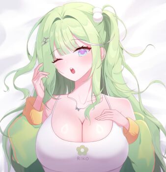 1girl absurdres blush breasts butterfly_necklace camisole character_name cleavage commentary_request double-parted_bangs green_hair green_jacket hair_intakes hair_ornament hairclip hand_on_own_chest hands_up highres huge_breasts jacket jewelry korean_commentary long_hair long_sleeves looking_at_viewer lying multicolored_hair necklace off_shoulder on_back one_eye_closed one_side_up open_clothes open_jacket open_mouth pom_pom_(clothes) pom_pom_hair_ornament print_camisole purple_eyes solo spaghetti_strap stellive streaked_hair symm_111 upper_body virtual_youtuber white_camisole yuzuha_riko