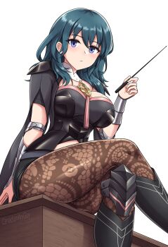 1girl armlet armor ass black_armor blue_eyes blue_hair blush bodice breasts bustier canadiananiguy cape cleavage closed_mouth clothing_cutout crossed_legs deep_skin desk expressionless female_byleth_(fire_emblem) fire_emblem fire_emblem:_three_houses from_below hair_between_eyes highres holding holding_pointer jewelry lace_pantyhose large_breasts long_hair looking_at_viewer looking_down medium_hair narrow_waist navel_cutout nintendo on_desk pantyhose pantyhose_under_shorts patterned_legwear pointer print_pantyhose shorts simple_background sitting solo tassel thick_thighs thighs turtleneck vambraces white_background wide_hips