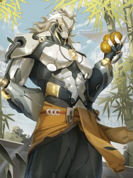 1boy arm_behind_back artificial_eye bamboo banyue_(zenless_zone_zero) biceps black_pants claws clothed_robot clothes_around_waist coin coin_on_string floating_ball glowing glowing_eyes highres holding_orb humanoid_robot mechanical_arms mechanical_eye mechanical_hands octo_poosi orb pants robot robot_boy solo standing topless_male white_hair zenless_zone_zero