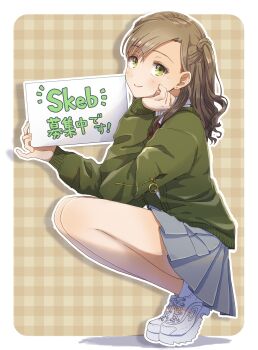 1girl absurdres artist_self-insert border brown_background brown_hair closed_mouth collared_shirt commentary_request eyelashes fingernails full_body green_eyes green_jacket green_sleeves grey_skirt hand_on_own_cheek hand_on_own_face highres holding holding_sign jacket light_blush long_hair long_sleeves looking_at_viewer miniskirt mole mole_under_eye necktie one_side_up original outline plaid_background pleated_skirt red_necktie shade shirt shoes sign simple_background single_sidelock skirt sleeves_past_wrists smile sneakers socks solo squatting sweater_jacket wavy_hair white_border white_outline white_shirt white_shoes white_socks witoi_(roa)
