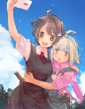 2girls :d abandoned ahoge airi_(shuumatsu_touring) black_overalls blue_overalls blue_sky bow brown_eyes brown_hair cellphone city cloud collared_shirt commentary_request day hair_between_eyes hair_bow hilt holding holding_phone hood hoodie jam_(lc_jam) multiple_girls open_mouth outdoors overall_skirt overalls penguin_hair_ornament phone pink_hoodie selfie shirt short_hair short_sleeves shuumatsu_touring sidelocks sky smartphone smile standing twitter_username upper_body white_shirt youko_(shuumatsu_touring)