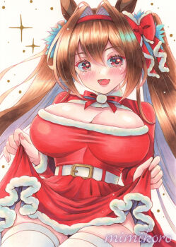 1girl absurdres animal_ears belt blush bow breasts brown_hair cape christmas cleavage daiwa_scarlet_(umamusume) dress elbow_gloves fang fur-trimmed_dress fur_trim gloves hair_between_eyes hair_intakes hairband headband highres horse_ears horse_girl large_breasts long_hair looking_at_viewer mimikuro open_mouth red_bow red_cape red_dress red_eyes red_gloves red_hairband red_headband santa_costume santa_dress skin_fang skirt_hold smile solo sparkle strapless strapless_dress thighhighs traditional_media twintails umamusume very_long_hair white_belt white_thighhighs
