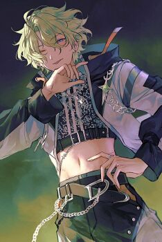 1boy belt belt_buckle black_belt black_jacket buckle chain cowboy_shot earrings ensemble_stars! eyes_visible_through_hair green_hair hand_on_own_hip hand_up highres jabe0000 jacket jewelry long_sleeves male_focus navel necklace official_alternate_costume one_eye_closed purple_eyes ring short_hair solo stud_earrings tomoe_hiyori tongue tongue_out