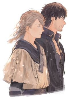 2boys barnabas_tharmr beard_stubble black_hair black_shirt braid closed_mouth collared_shirt commentary_request facial_hair final_fantasy final_fantasy_xvi gold_trim grey_hair hair_between_eyes hair_over_one_eye highres j2_path male_focus medium_hair multiple_boys profile shirt short_hair side_braid sleipnir_harbard stubble upper_body white_background white_shirt