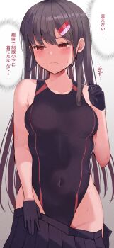 1girl armpit_crease averting_eyes bare_shoulders bikini bikini_under_clothes black_gloves black_hair black_one-piece_swimsuit blush breasts clenched_hand closed_mouth clothes_pull collarbone commentary competition_swimsuit covered_navel cowboy_shot embarrassed frown gloves grey_background groin hair_ornament hairclip half_gloves hand_on_own_hip hand_on_own_thigh hand_up highleg highleg_one-piece_swimsuit highres long_hair medium_breasts navel nervous nervous_sweating one-piece_swimsuit original pleated_skirt pulling_own_clothes red_eyes red_trim shade shiratama_(amenomurakumo0610) shy skin_tight skirt skirt_pull solo standing sweat swimsuit swimsuit_under_clothes translated very_long_hair wavy_mouth