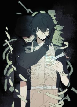 18trip 1boy absurdres belt black_gloves black_hair black_hat black_jacket bone dual_persona gloves grey_eyes hair_between_eyes hand_on_another's_face hand_up hashtag-only_commentary hat highres holding holding_knife jacket knife long_sleeves looking_down male_focus mmuider mole mole_under_eye murakumo_ten open_mouth ribs short_hair three-quarter_sleeves upper_body